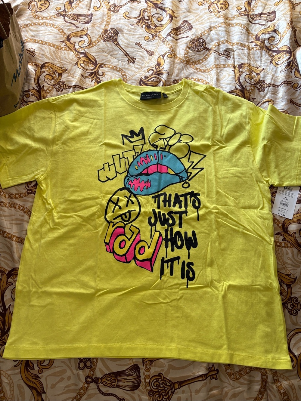 No Boundaries Neon Yellow Graphic Tee with Pink & Blue Accents